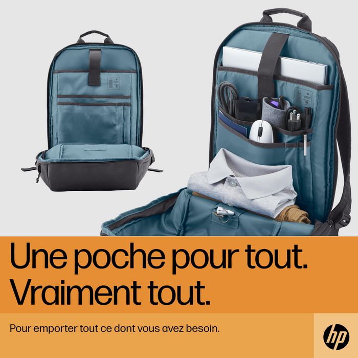HP Travel 18 litres - Sac à dos pour ordinateur portable 15,6 pouces en polyester recyclé, compartiment extensible, gris fer
