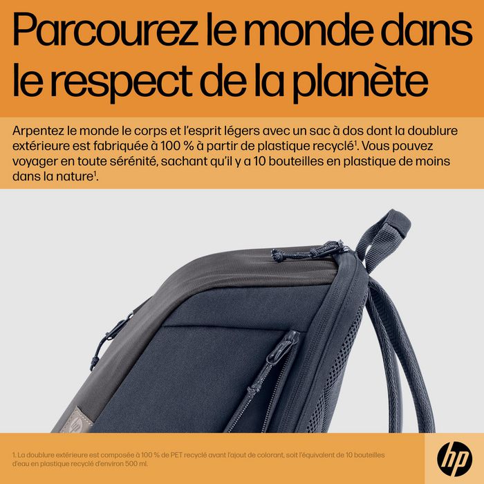 HP Travel 18 litres - Sac à dos pour ordinateur portable 15,6 pouces en polyester recyclé, compartiment extensible, gris fer