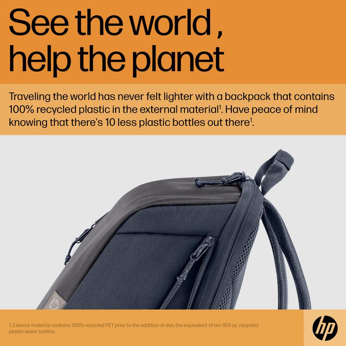 HP Travel 18 litres - Sac à dos pour ordinateur portable 15,6 pouces en polyester recyclé, compartiment extensible, gris fer