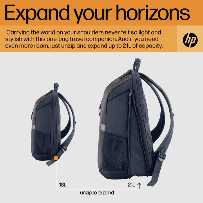 HP Travel 18 litres - Sac à dos pour ordinateur portable 15,6 pouces en polyester recyclé, compartiment extensible, gris fer