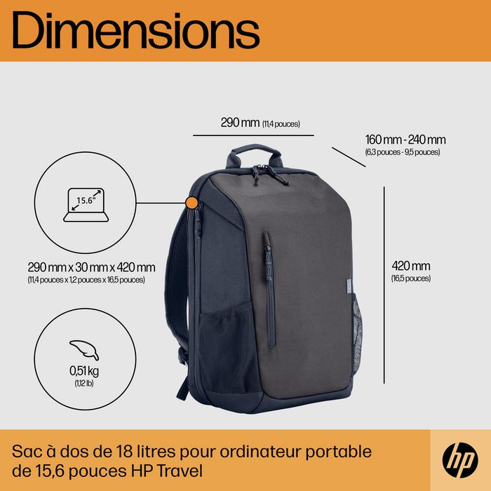 HP Travel 18 litres - Sac à dos pour ordinateur portable 15,6 pouces en polyester recyclé, compartiment extensible, gris fer