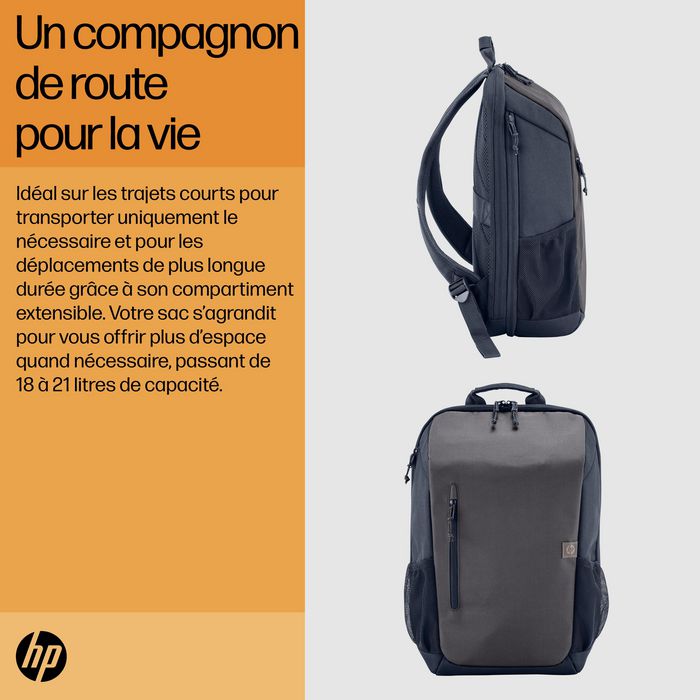 HP Travel 18 litres - Sac à dos pour ordinateur portable 15,6 pouces en polyester recyclé, compartiment extensible, gris fer