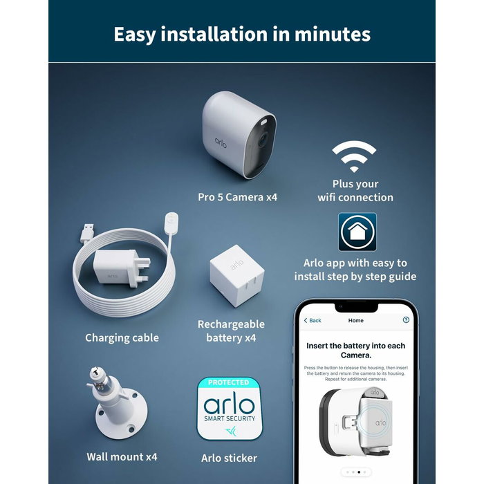 Arlo Pro 5 2K+ - Pack de 4 caméras de sécurité connectées Wi-Fi double bande