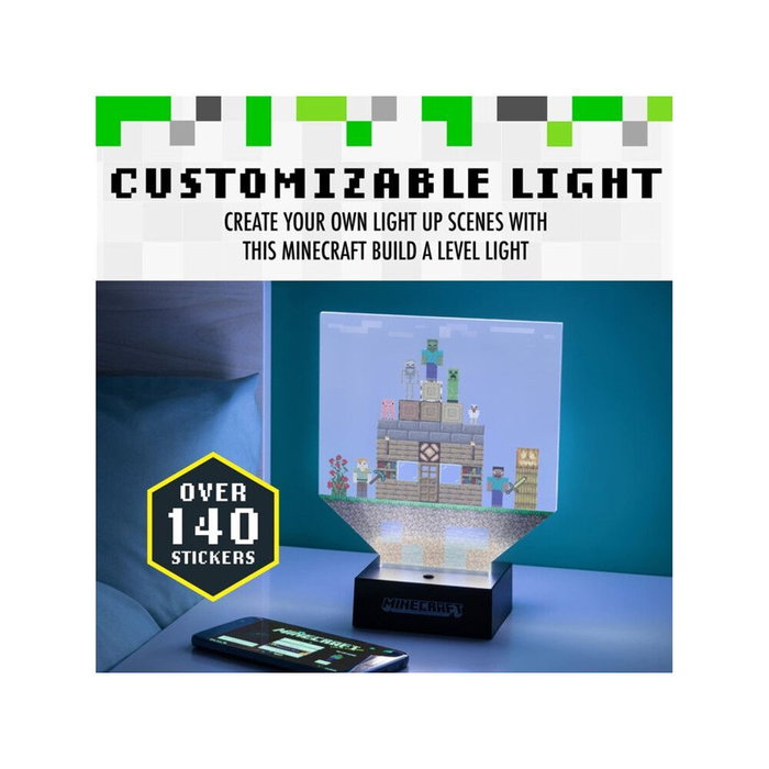 Paladone - Lampe Minecraft 'Build a Level' - Lampe en acrylique à personnaliser avec plus de 140 autocollants - Alimentation USB (cable fourni) ou 3 piles AA