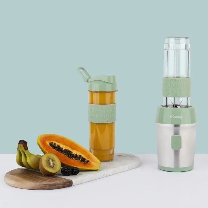 H.KoeNIG Mini Blender SMOO18, 300 W, 570 mL, Vert Pastel, 2 Gourdes Incluses, Sans BPA - Pour Smoothies à Emporter - Compatible Lave-Vaisselle