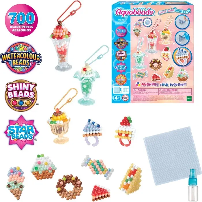 Aquabeads - Mes Accessoires Sucrés - Kit Créatif 35090 - Perles Aqua à Assembler, Bagues, Porte-clés - Sans Chaleur - Jeu pour Enfants dès 4 ans