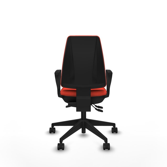 Chaise Elche Asynchrone Tissu Orange foncé Base pyramidale noire Accoudoirs fixes Sans appui-tête Roulettes 65mm nylon