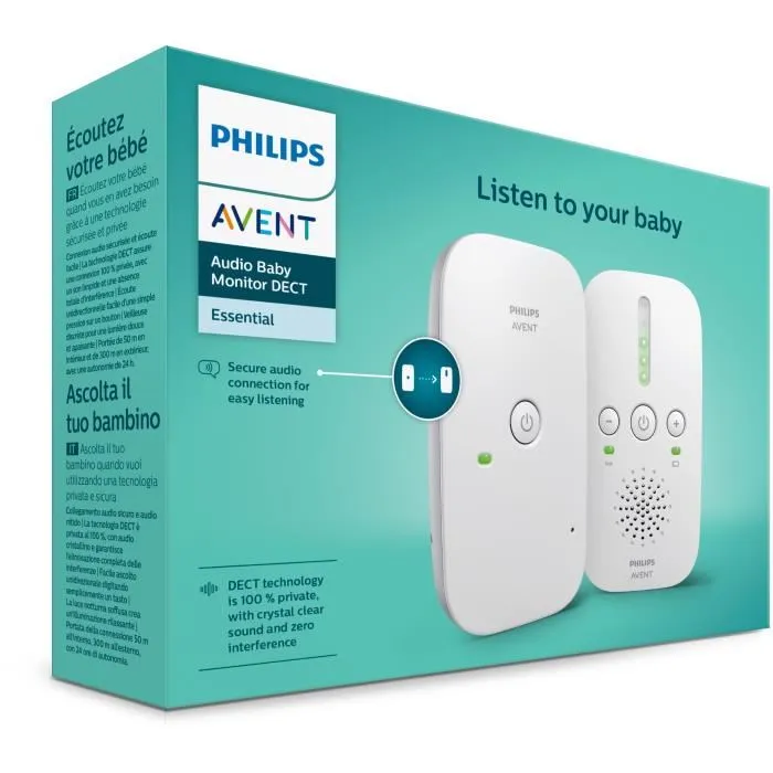Philips Avent SCD 502/26 Ecoute-bébé DECT, Gris et Blanc, Portée 300 m, Volume Réglable, Autonomie 24h, Fonctionne sur Pile ou Secteur