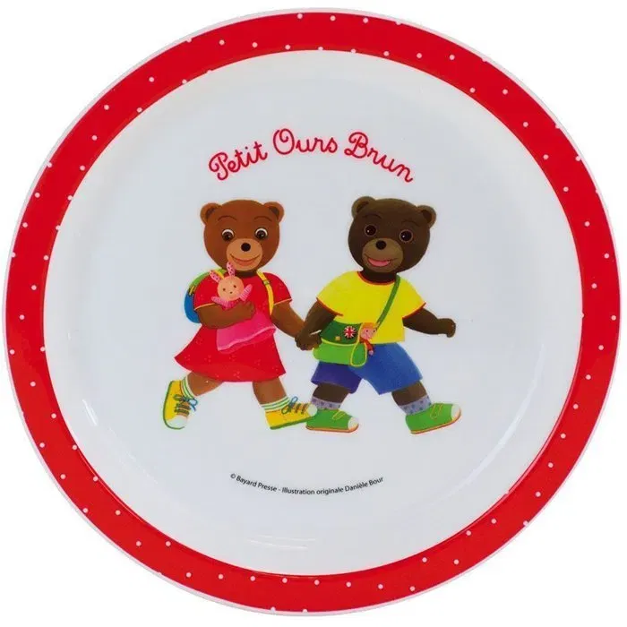 Fun House - PETIT OURS BRUN - Set de vaisselle enfant avec peluche : Assiette plate 22 cm, 2 assiettes creuses 16 cm, 2 verres 220 ml et doudou 18 cm