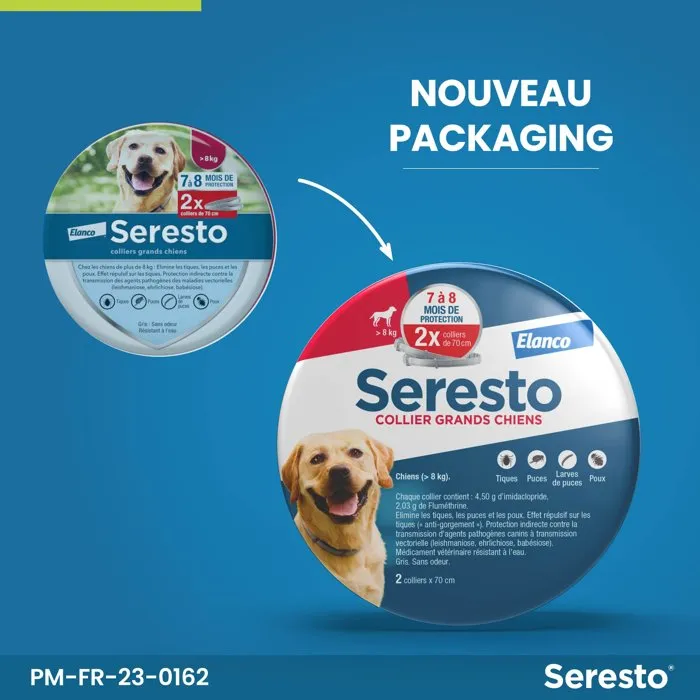 Seresto Collier Anti-Puces et Anti-Tiques pour Chiens +8kg, 2 Unités - Protection Jusqu'à 8 Mois