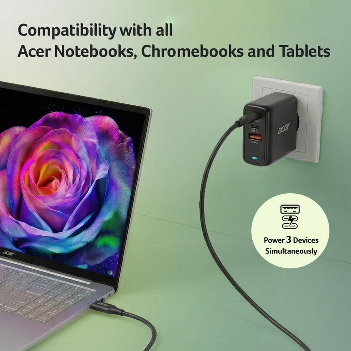 Acer OPD611 Adaptateur de charge 67 W USB-C GaN avec 2x USB-C et 1x USB-A Acer OPD611 Adaptateur de charge 67 W USB-C GaN avec 2x USB-C et 1x USB-A