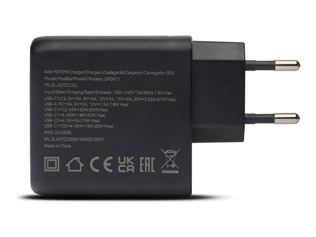 Acer Chargeur GaN 67W avec 2x USB-C et 1x USB-A - Noir