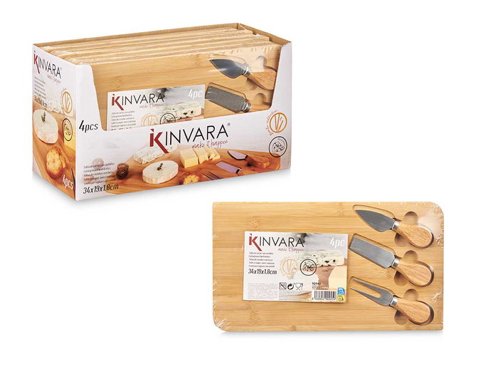 KINVARA Ensemble de 4 pièces planche en bambou avec 3 ustensiles Marron