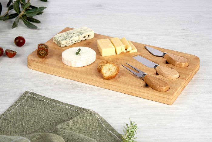 KINVARA Ensemble de 4 pièces planche en bambou avec 3 ustensiles Marron