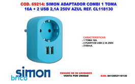SIMON FINSTOC Adaptateur 1 Prise 16A + 2 USB 2.1A Bleu