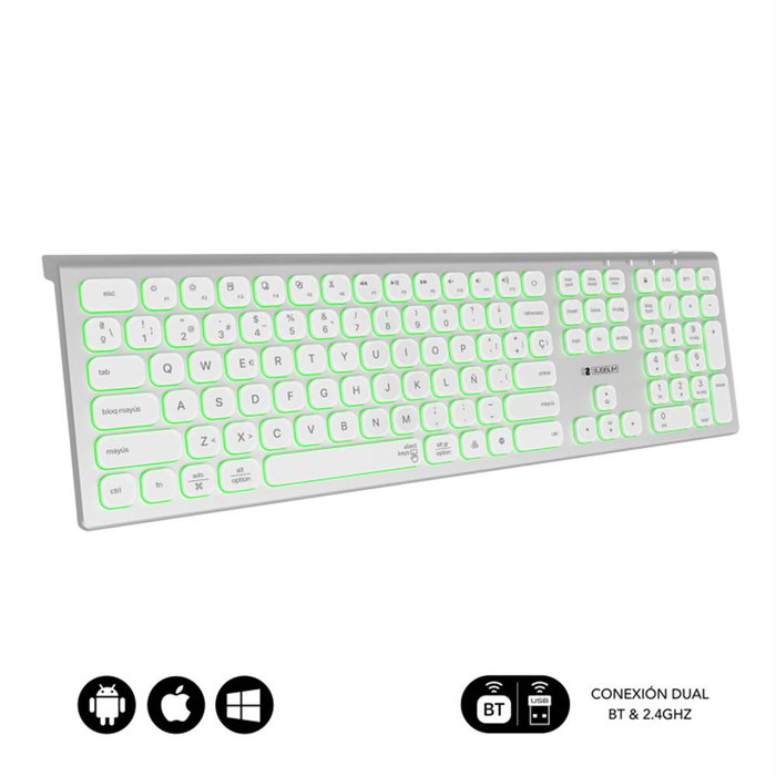 Subblim Master Clavier Rétroéclairé Sans Fil Multidispositif Bluetooth 5.2 USB 2.4G Couleur Argent/Blanc QWERTY Espagnol Subblim Master Clavier Rétroéclairé Sans Fil Multidispositif Bluetooth 5.2 USB 2.4G Couleur Argent/Blanc QWERTY Espagnol