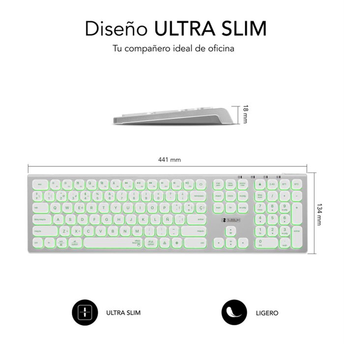 Subblim Master Clavier Rétroéclairé Sans Fil Multidispositif Bluetooth 5.2 USB 2.4G Couleur Argent/Blanc QWERTY Espagnol Subblim Master Clavier Rétroéclairé Sans Fil Multidispositif Bluetooth 5.2 USB 2.4G Couleur Argent/Blanc QWERTY Espagnol