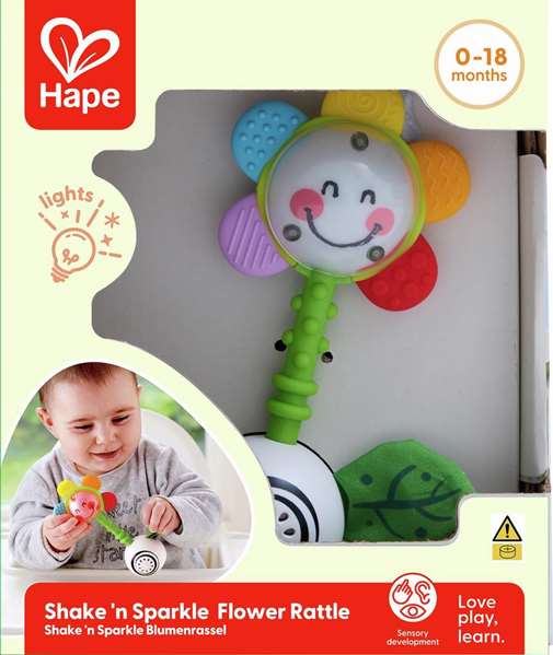 Hape - Sonajero-mordedor flor shake & sparkle rattle 0-18 m - Jouet d'éveil et anneau de dentition pour bébé de 0 à 18 mois