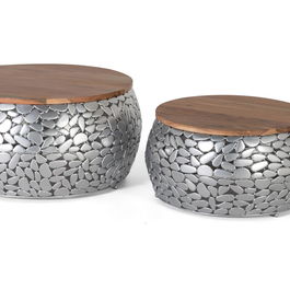 GINER Y COLOMER Lot de 2 Tables Basses en Bois de Manguier Naturel et Aluminium Argenté, Modèles Contemporains (Ø 55 cm / Ø 70 cm)