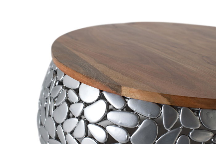 GINER Y COLOMER Lot de 2 Tables Basses en Bois de Manguier Naturel et Aluminium Argenté, Modèles Contemporains (Ø 55 cm / Ø 70 cm)