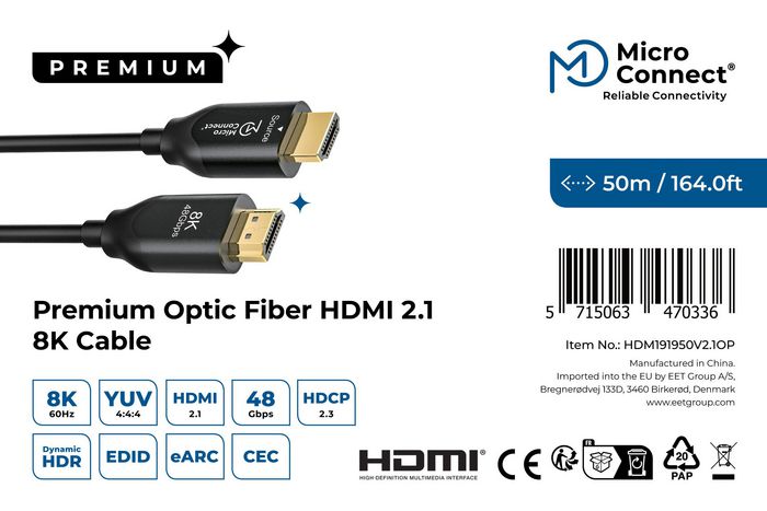 MicroConnect Câble HDMI 2.1 Optique Actif 8K 48Gbps avec Fibre Optique et Cuivre pour Installation, 50 mètres