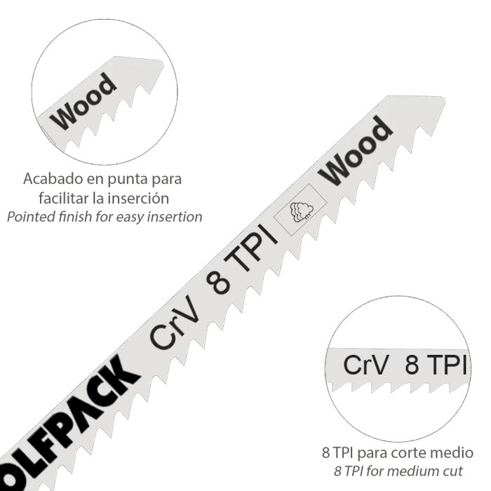 WOLFPACK LINEA PROFESIONAL Lot de 5 lames de scie sauteuse pour bois, coupe moyenne, Acier Chrome Vanadium WOLFPACK LINEA PROFESIONAL Lot de 5 lames de scie sauteuse pour bois, coupe moyenne, Acier Chrome Vanadium