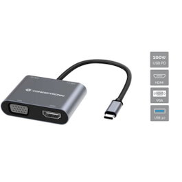 Conceptronic DONN16GR Hub USB-C 4-en-1 HDMI VGA USB-C PD USB 3.0 4K 30Hz Aluminium