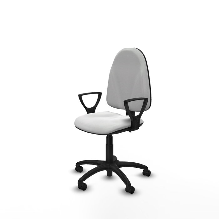 Chaise de bureau Algarra avec mécanisme de contact permanent à double poignée, recouverte de tissu blanc. Équipée d'une base en polyamide noir, d'accoudoirs fixes et de roulettes autobloquantes