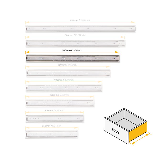 Emuca Jeu de coulisses à billes pour tiroir à sortie totale, hauteur 45mm, longueur 500mm, Acier, Zingué