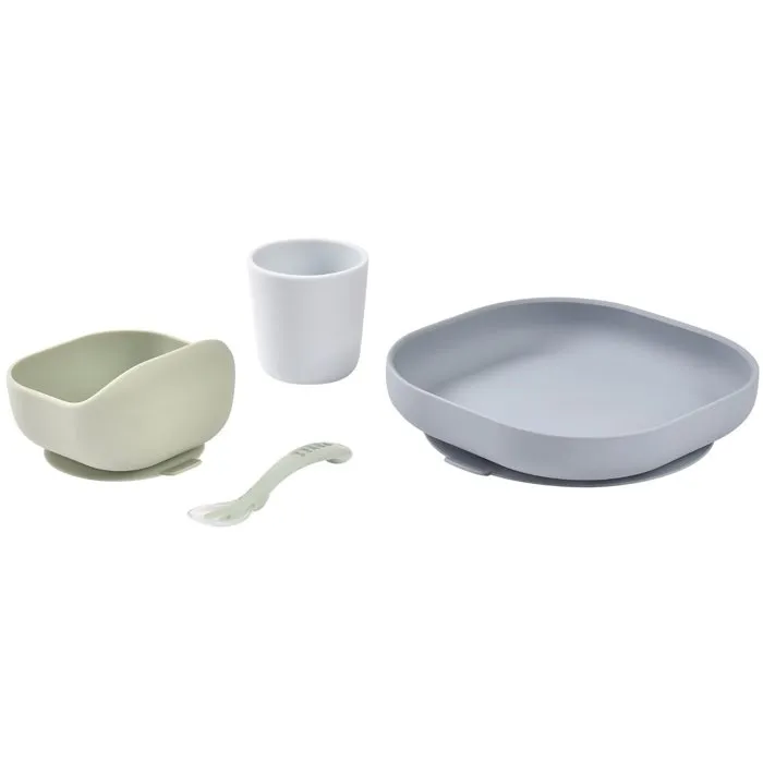 Beaba Coffret Repas Bébé 4 Pièces en Silicone avec Ventouse - Assiette, Bol, Verre et Cuillère 2e Âge