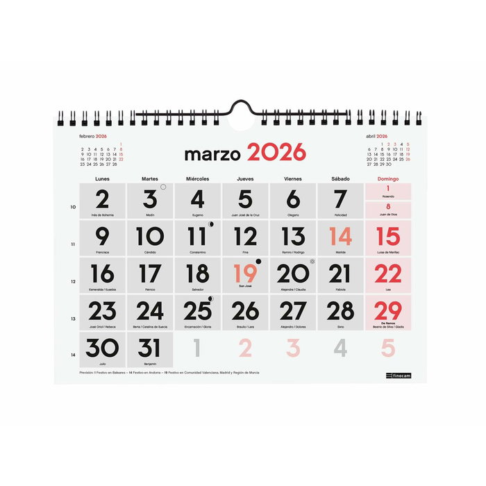 calendrier mural Finocam A5 Papier 2026 21 x 15 cm calendrier mural Finocam A5 Papier 2026 21 x 15 cm