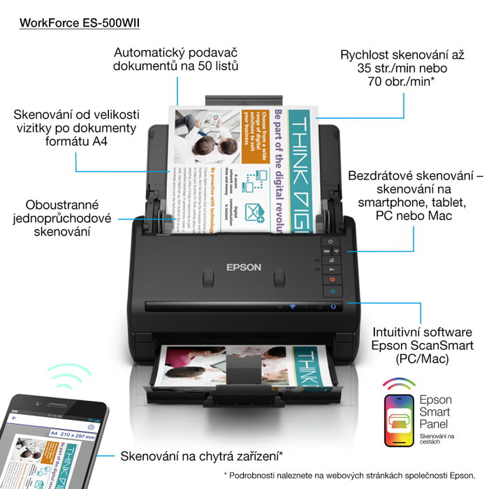 Epson WorkForce ES-500WII Scanner A4 Recto Verso 35 ppm, Wi-Fi, USB 3.0, Alimentation 50 Feuilles, ScanSmart Epson WorkForce ES-500WII Scanner A4 Recto Verso 35 ppm, Wi-Fi, USB 3.0, Alimentation 50 Feuilles, ScanSmart