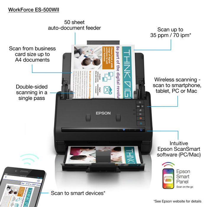 Epson WorkForce ES-500WII Scanner A4 Recto Verso 35 ppm, Wi-Fi, USB 3.0, Alimentation 50 Feuilles, ScanSmart Epson WorkForce ES-500WII Scanner A4 Recto Verso 35 ppm, Wi-Fi, USB 3.0, Alimentation 50 Feuilles, ScanSmart