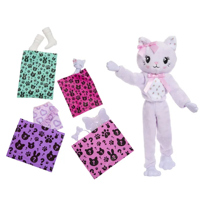 Barbie JJP64 - Cutie Reveal - Poupée Chat Mauve - Coffret Surprise avec 10 Accessoires Mode, Dès 3 ans