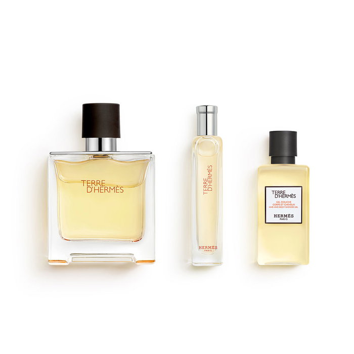 Hermès - Ensemble Coffret Cadeau 3 Pièces Terre d'Hermès Eau de Parfum - Parfum Homme Vaporisateur 75 ml + 40 ml + 15 ml, Fragrance Fraîche et Boisée Minérale