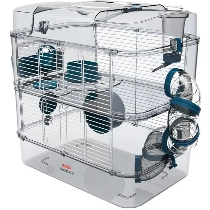 Zolux Cage Rody3 duo pour hamsters, souris et gerbilles - 2 étages - Dimensions 41 x 27 x 40.5 cm - Bleu