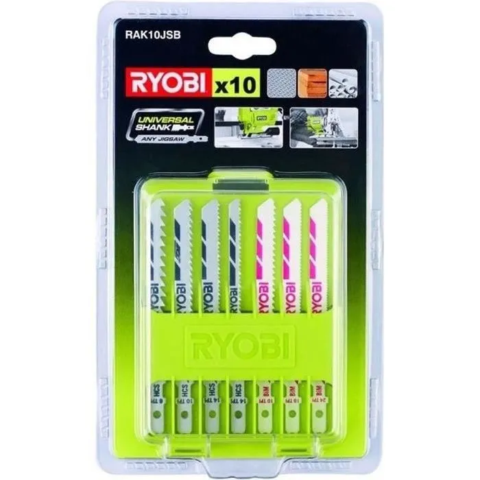 Ryobi RAK10JSB - Coffret de 10 lames de scie sauteuse pour bois, plastique et bimétal, 6/10/14 TPI et 10/18/24 TPI, longueur 102 mm Ryobi RAK10JSB - Coffret de 10 lames de scie sauteuse pour bois, plastique et bimétal, 6/10/14 TPI et 10/18/24 TPI, longueur 102 mm