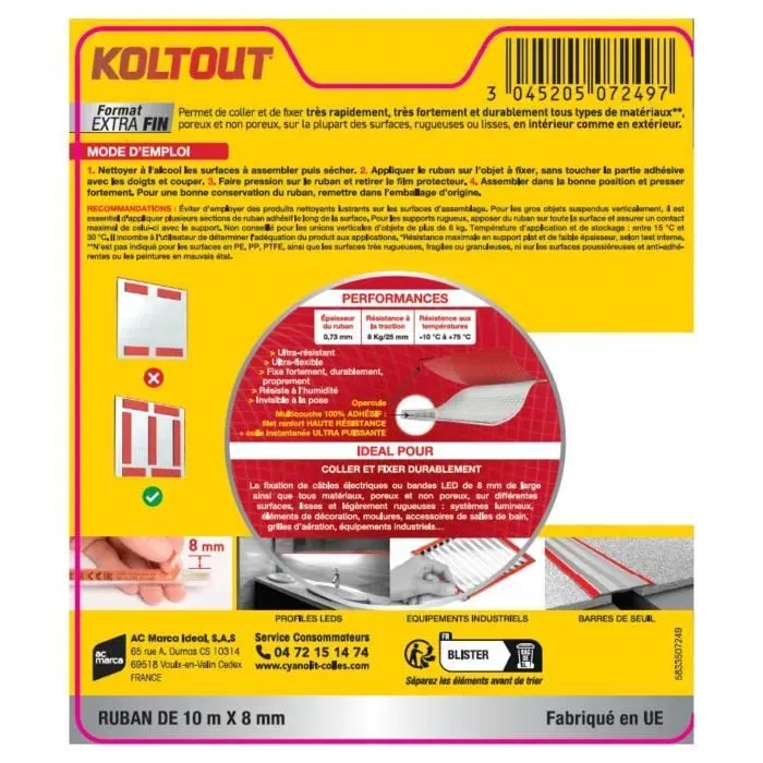 Cyanolit Ruban adhésif double face extra fin - Haute adhérence jusqu'à 720 kg - Résistant intérieur/extérieur (-10°C à +75°C) - Pour miroirs, moulures, panneaux