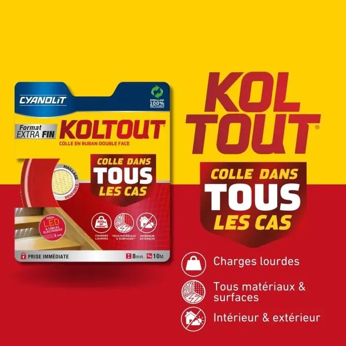 Cyanolit Ruban adhésif double face extra fin - Haute adhérence jusqu'à 720 kg - Résistant intérieur/extérieur (-10°C à +75°C) - Pour miroirs, moulures, panneaux