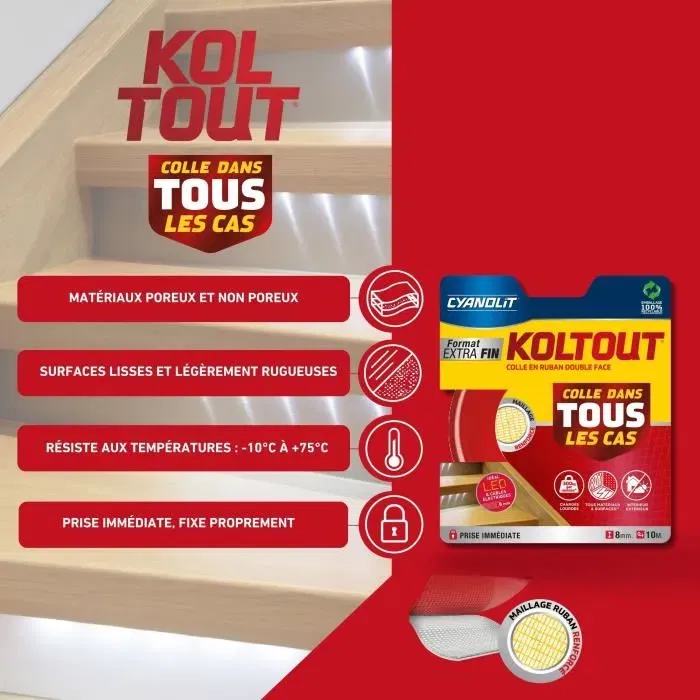 Cyanolit Ruban adhésif double face extra fin - Haute adhérence jusqu'à 720 kg - Résistant intérieur/extérieur (-10°C à +75°C) - Pour miroirs, moulures, panneaux