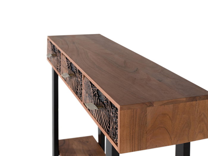 GINER Y COLOMER Console de salon en acacia massif teinté marron 120x35x91 cm, 3 tiroirs, pieds métal noir, finition naturelle et noir, avec patins antidérapants GINER Y COLOMER Console de salon en acacia massif teinté marron 120x35x91 cm, 3 tiroirs, pieds métal noir, finition naturelle et noir, avec patins antidérapants