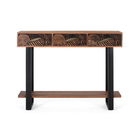 GINER Y COLOMER Console de salon en acacia massif teinté marron 120x35x91 cm, 3 tiroirs, pieds métal noir, finition naturelle et noir, avec patins antidérapants