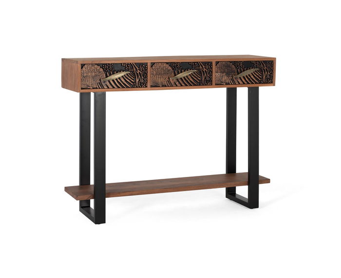 GINER Y COLOMER Console de salon en acacia massif teinté marron 120x35x91 cm, 3 tiroirs, pieds métal noir, finition naturelle et noir, avec patins antidérapants