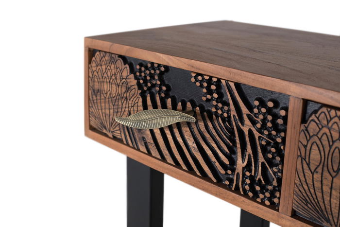 GINER Y COLOMER Console de salon en acacia massif teinté marron 120x35x91 cm, 3 tiroirs, pieds métal noir, finition naturelle et noir, avec patins antidérapants