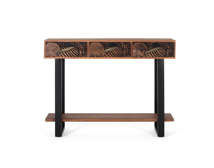 GINER Y COLOMER Console de salon en acacia massif teinté marron 120x35x91 cm, 3 tiroirs, pieds métal noir, finition naturelle et noir, avec patins antidérapants GINER Y COLOMER Console de salon en acacia massif teinté marron 120x35x91 cm, 3 tiroirs, pieds métal noir, finition naturelle et noir, avec patins antidérapants