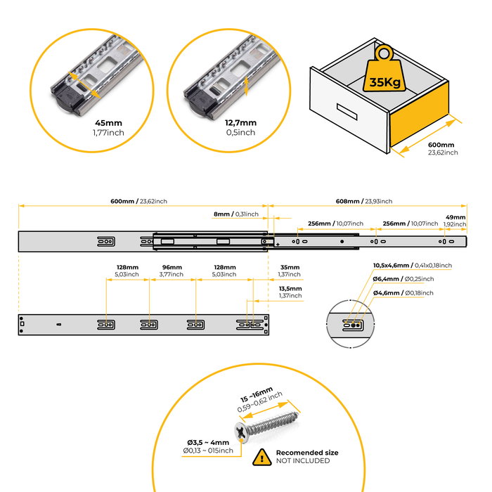 Emuca Lot de 5 jeux de coulisses de tiroirs, roulement à billes, hauteur 45mm, profondeur 600mm, sortie totale, fermeture amortie, Zingué Emuca Lot de 5 jeux de coulisses de tiroirs, roulement à billes, hauteur 45mm, profondeur 600mm, sortie totale, fermeture amortie, Zingué