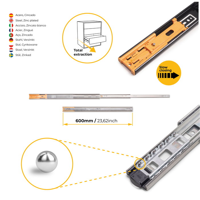 Emuca Lot de 5 jeux de coulisses de tiroirs, roulement à billes, hauteur 45mm, profondeur 600mm, sortie totale, fermeture amortie, Zingué Emuca Lot de 5 jeux de coulisses de tiroirs, roulement à billes, hauteur 45mm, profondeur 600mm, sortie totale, fermeture amortie, Zingué