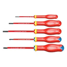 Facom AT5VE.PB Jeu de 5 Tournevis Isolés 1000V (3 Plats, 2 Pozidriv) pour Travaux Électriques Sécurisés