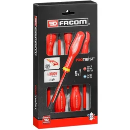 Facom AT5VE.PB Jeu de 5 Tournevis Isolés 1000V (3 Plats, 2 Pozidriv) pour Travaux Électriques Sécurisés