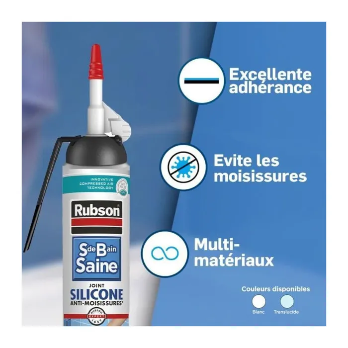 Rubson - Mastic silicone prêt à l'emploi transparent, pour carrelage intérieur, 200 ml, haute élasticité 500%, antimoisissure, hydrofuge